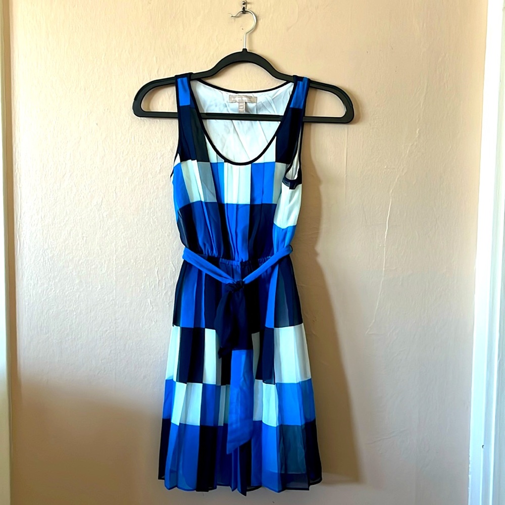 Banana Republic Color-block Blue White Checkered Pleated Sleeveless Dress 0P